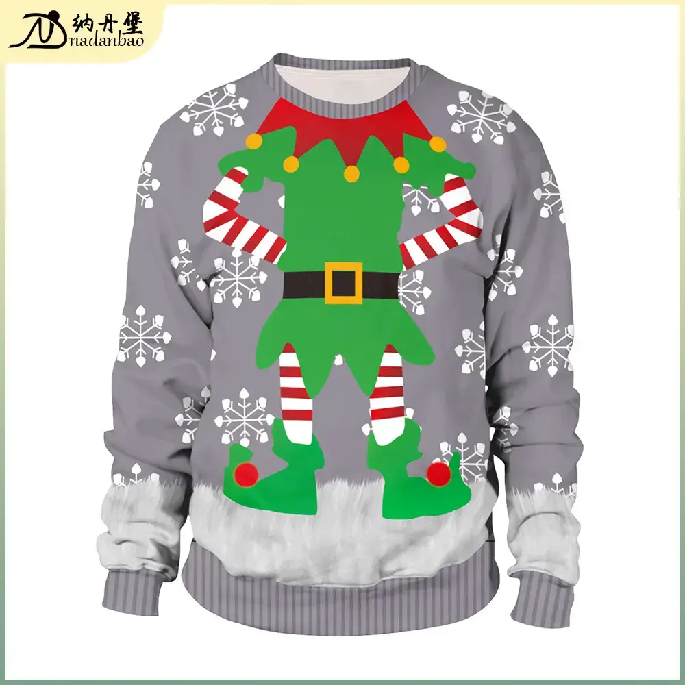 2024 Christmas Elf Print Pullover Sweatshirt Grey
