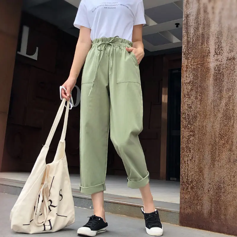 Women Green Loose High Waist Cargo Pants 2021 - Image 2
