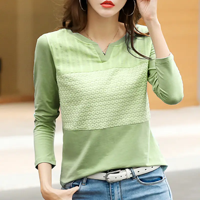 Women Green Embroidered Long Sleeve T-Shirt 2025 - Image 4