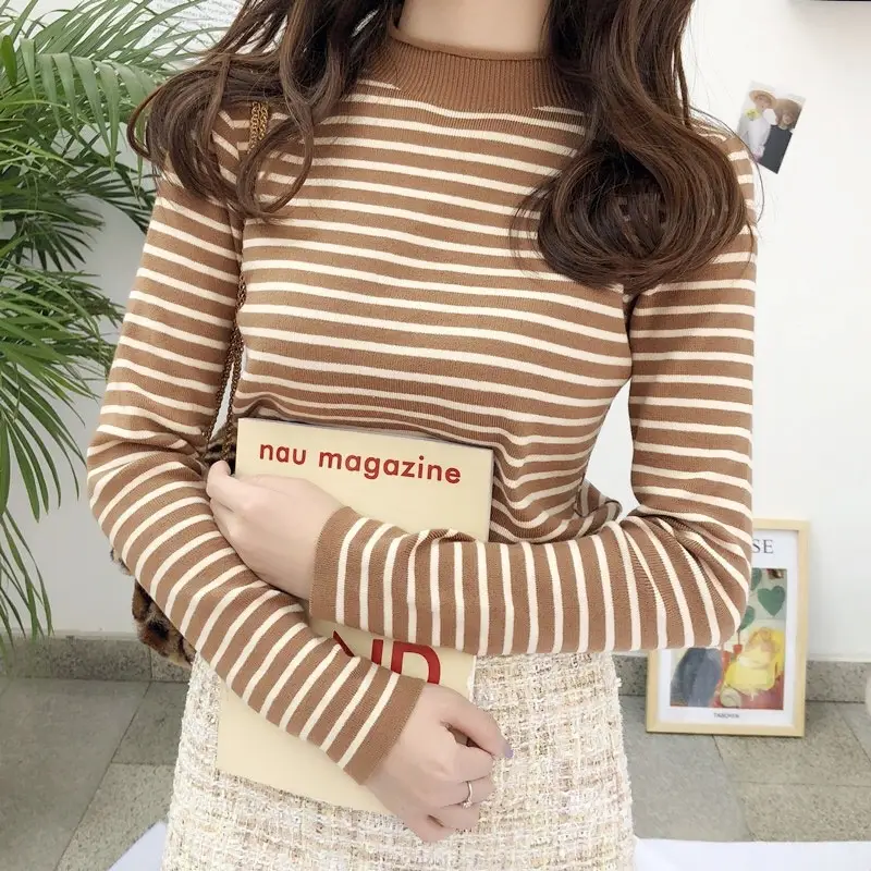 Green Striped Knit Half Turtleneck Women 2025 - Image 11