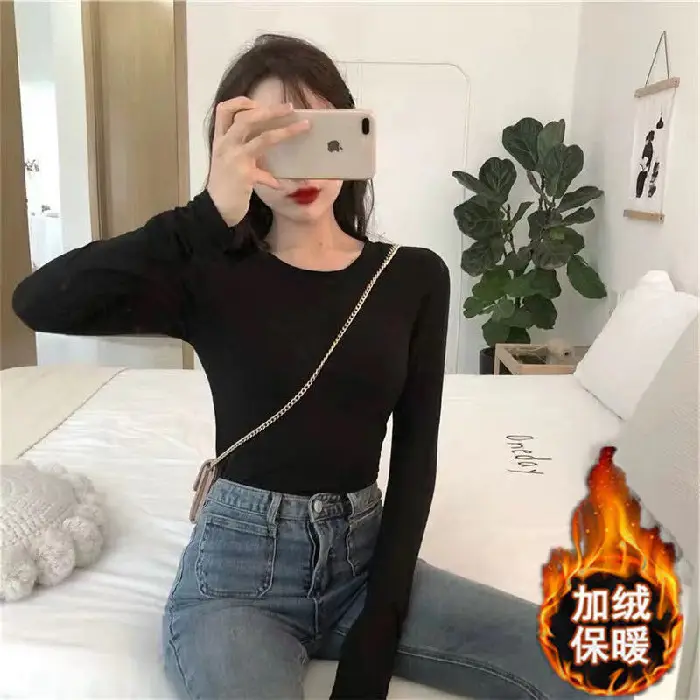 Women Fleece Long Sleeve T-Shirt White Winter Casual - Image 2