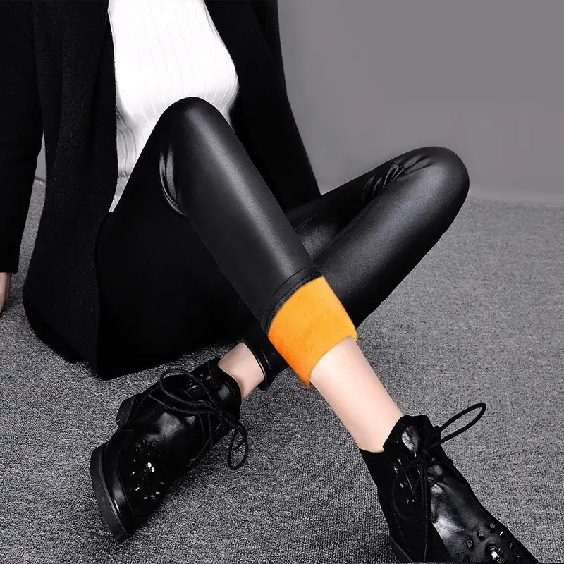 Fleece Lined Faux Leather Leggings for Women Black Orange