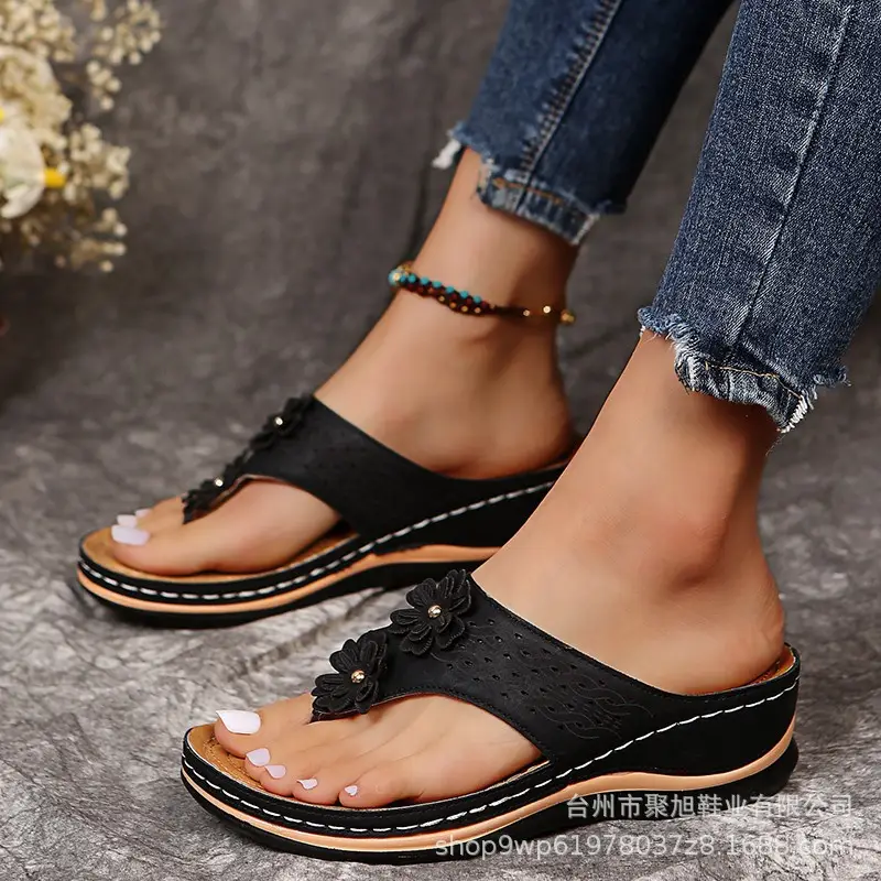 Women Retro Thong Sandals Tan Flat Heel Black
