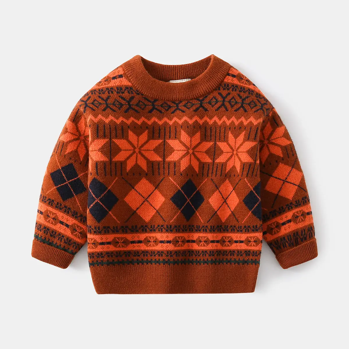 2024 Kids Round Neck Sweaters Orange Pattern Medium Small - Image 2
