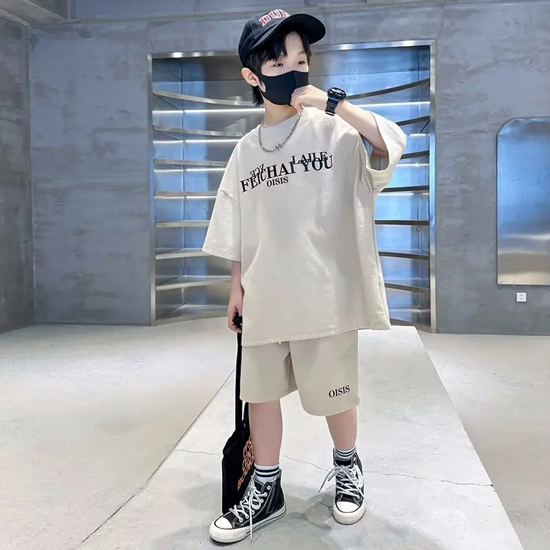 Boys Summer Outfit 2026 Two-Piece Set Beige Oversized T-Shirt - Image 5
