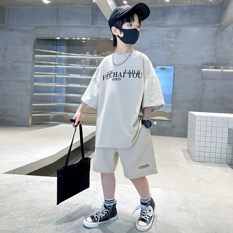 Boys Summer Outfit 2026 Two-Piece Set Beige Oversized T-Shirt - Image 6