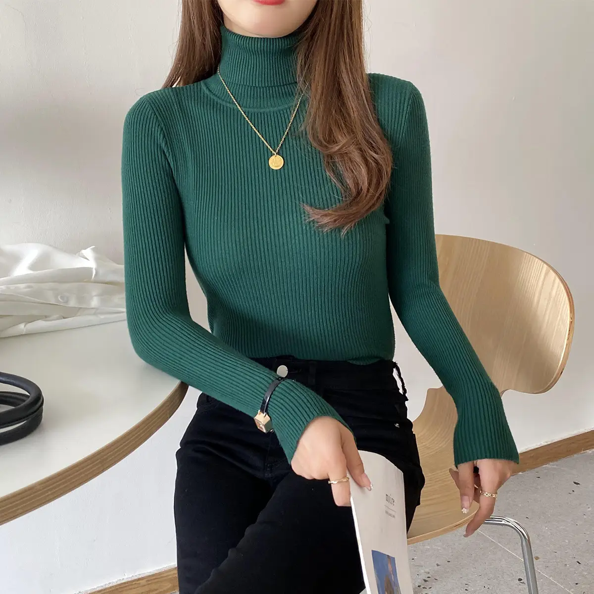 Women Korean Style Turtleneck Top Long Sleeve Brown - Image 10