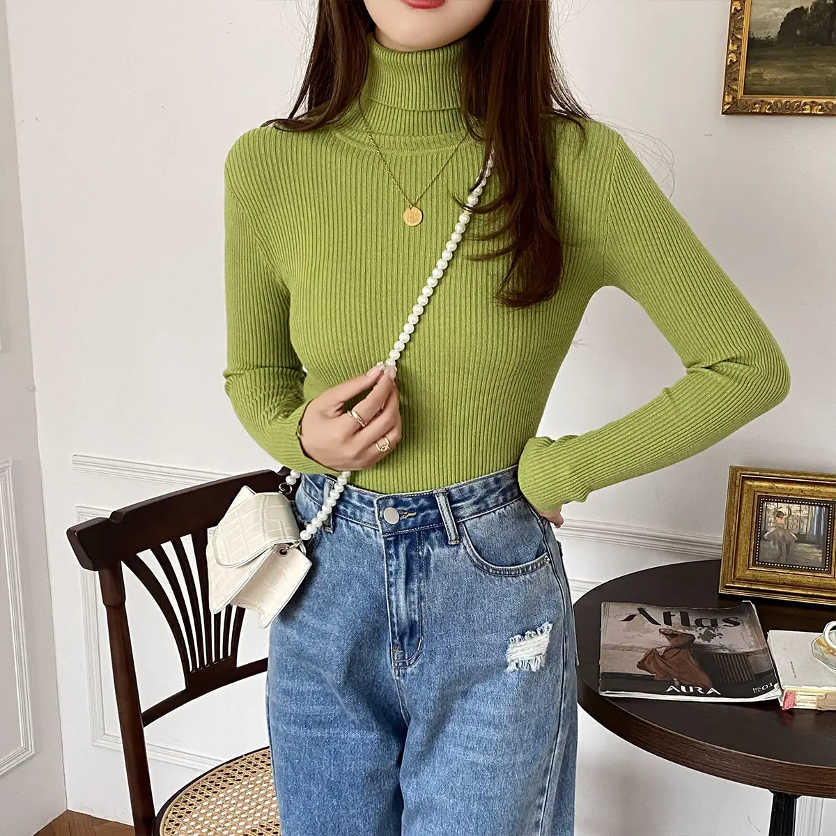 Women Korean Style Turtleneck Top Long Sleeve Brown - Image 11