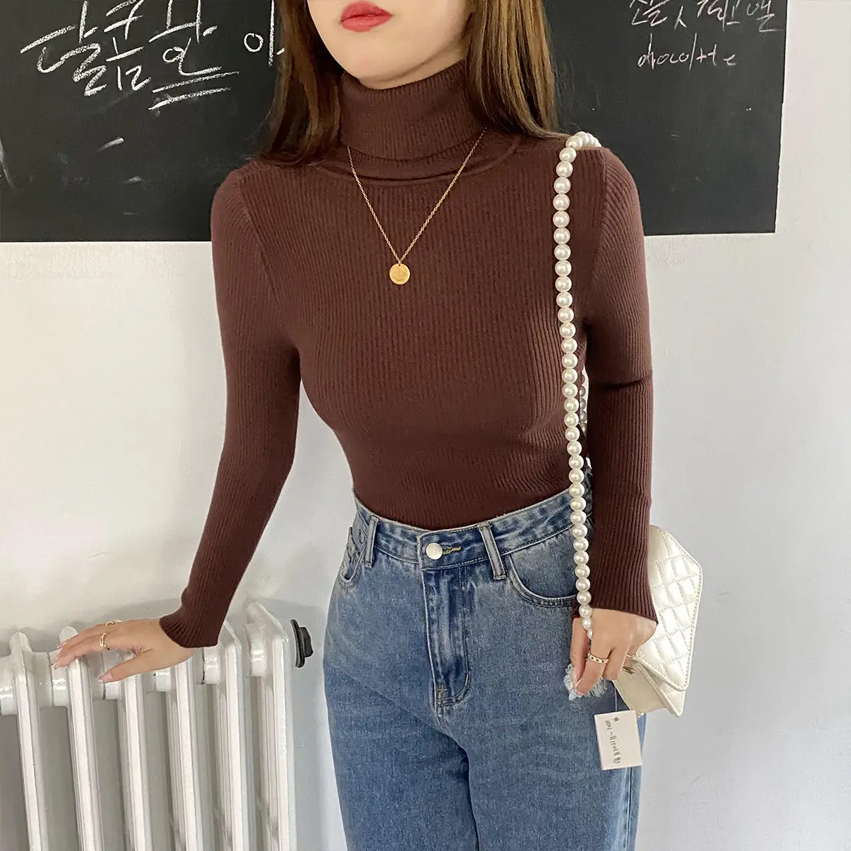 Women Korean Style Turtleneck Top Long Sleeve Brown - Image 13