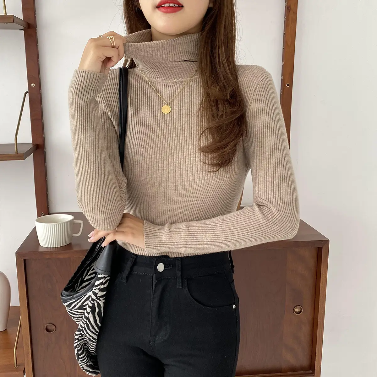 Women Korean Style Turtleneck Top Long Sleeve Brown - Image 2