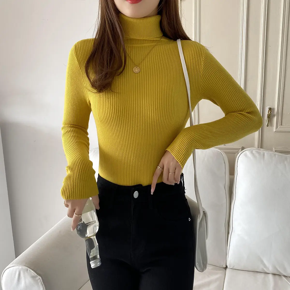 Women Korean Style Turtleneck Top Long Sleeve Brown - Image 3