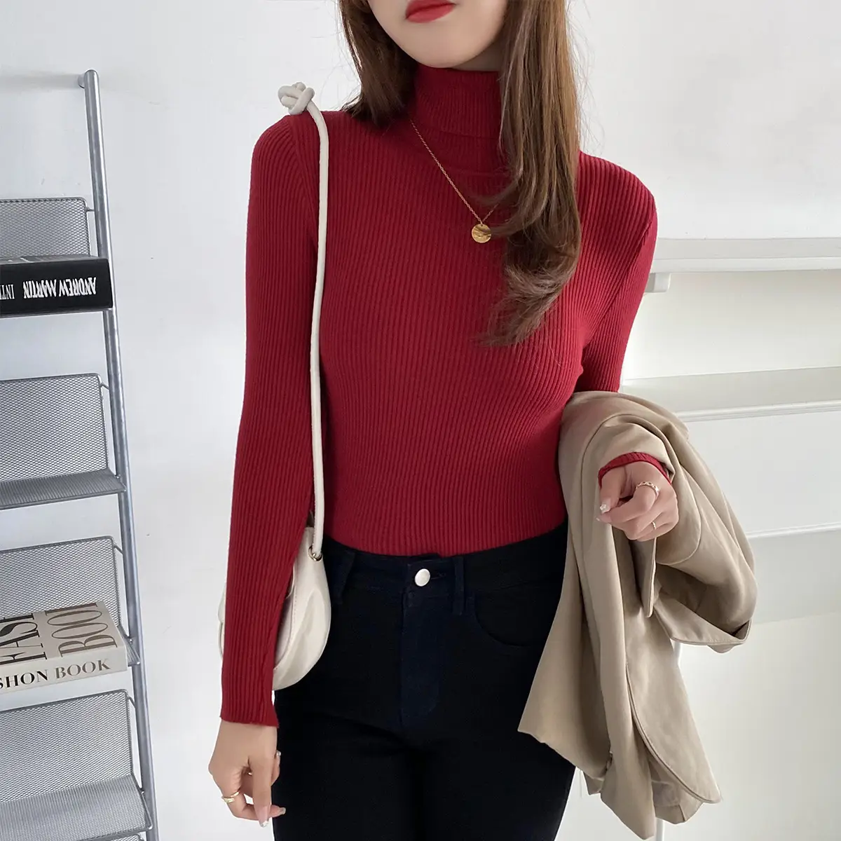 Women Korean Style Turtleneck Top Long Sleeve Brown - Image 8