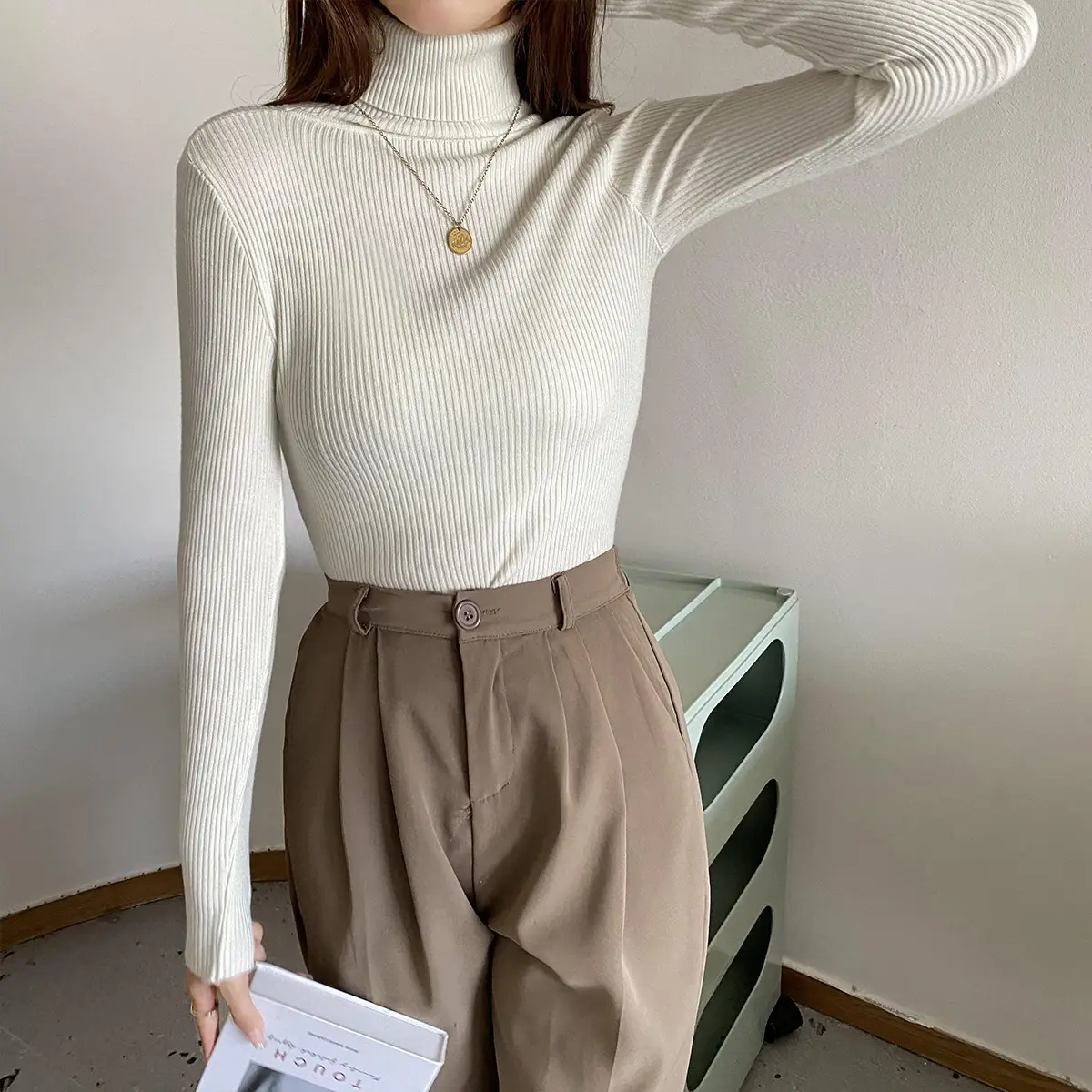 Women Korean Style Turtleneck Top Long Sleeve Brown - Image 9