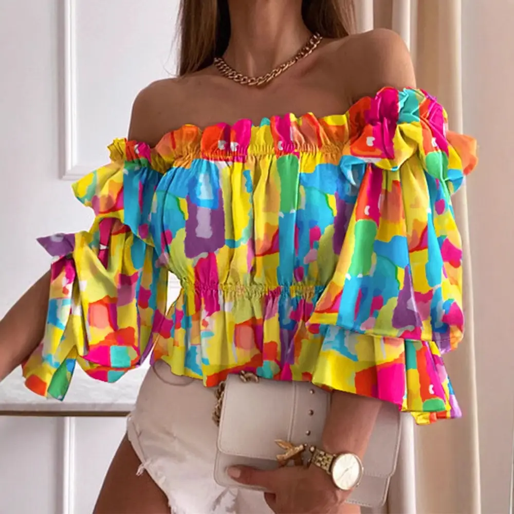 Women One Shoulder Pleated Shirt Rainbow Striped Anti-Wrinkle - Image 17