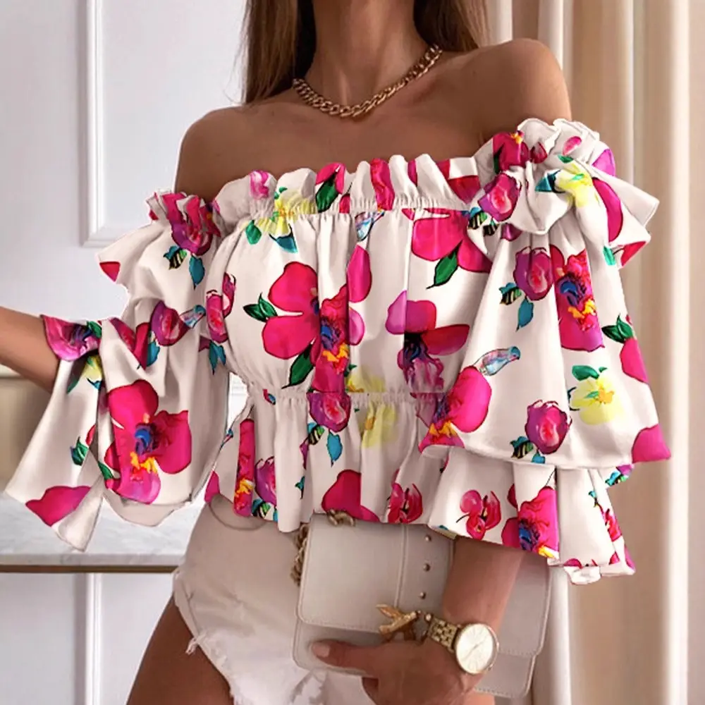 Women One Shoulder Pleated Shirt Rainbow Striped Anti-Wrinkle - Image 18