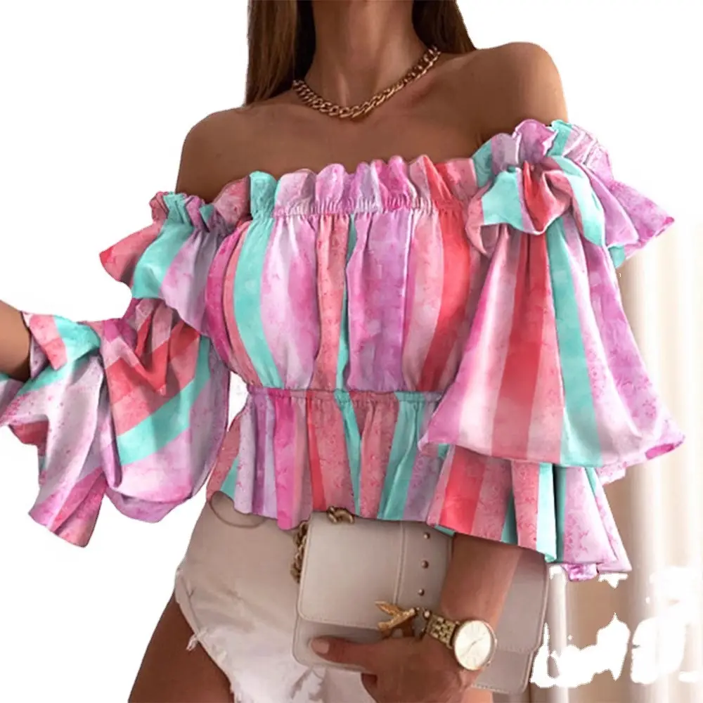 Women One Shoulder Pleated Shirt Rainbow Striped Anti-Wrinkle - Image 19