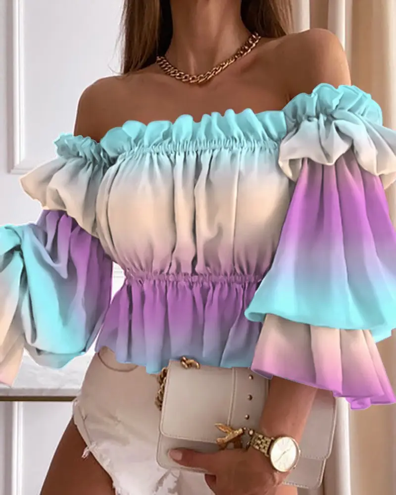 Women One Shoulder Pleated Shirt Rainbow Striped Anti-Wrinkle - Image 7