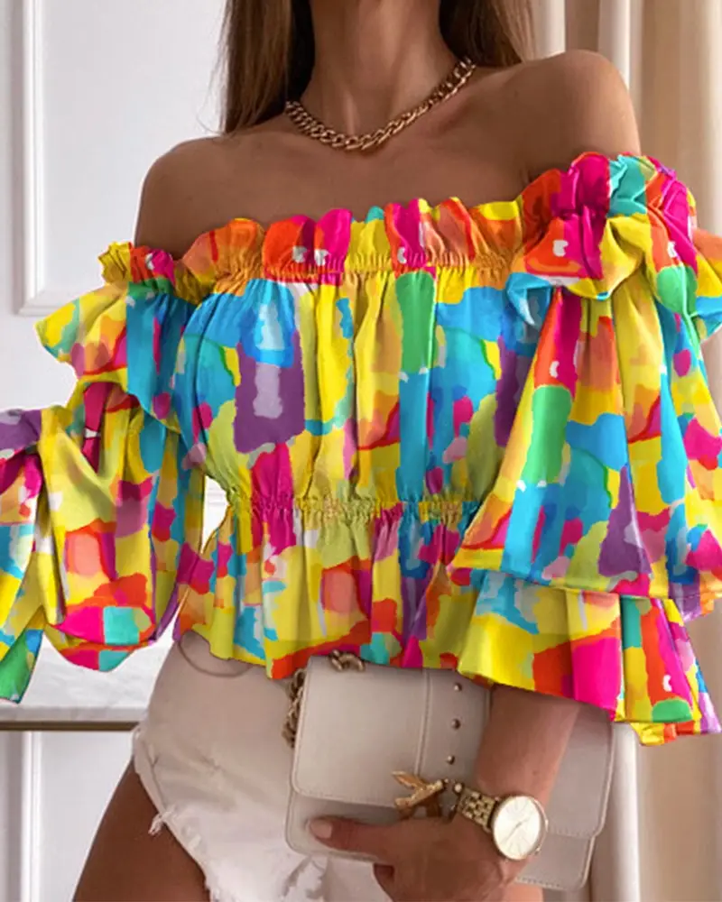 Women One Shoulder Pleated Shirt Rainbow Striped Anti-Wrinkle - Image 8