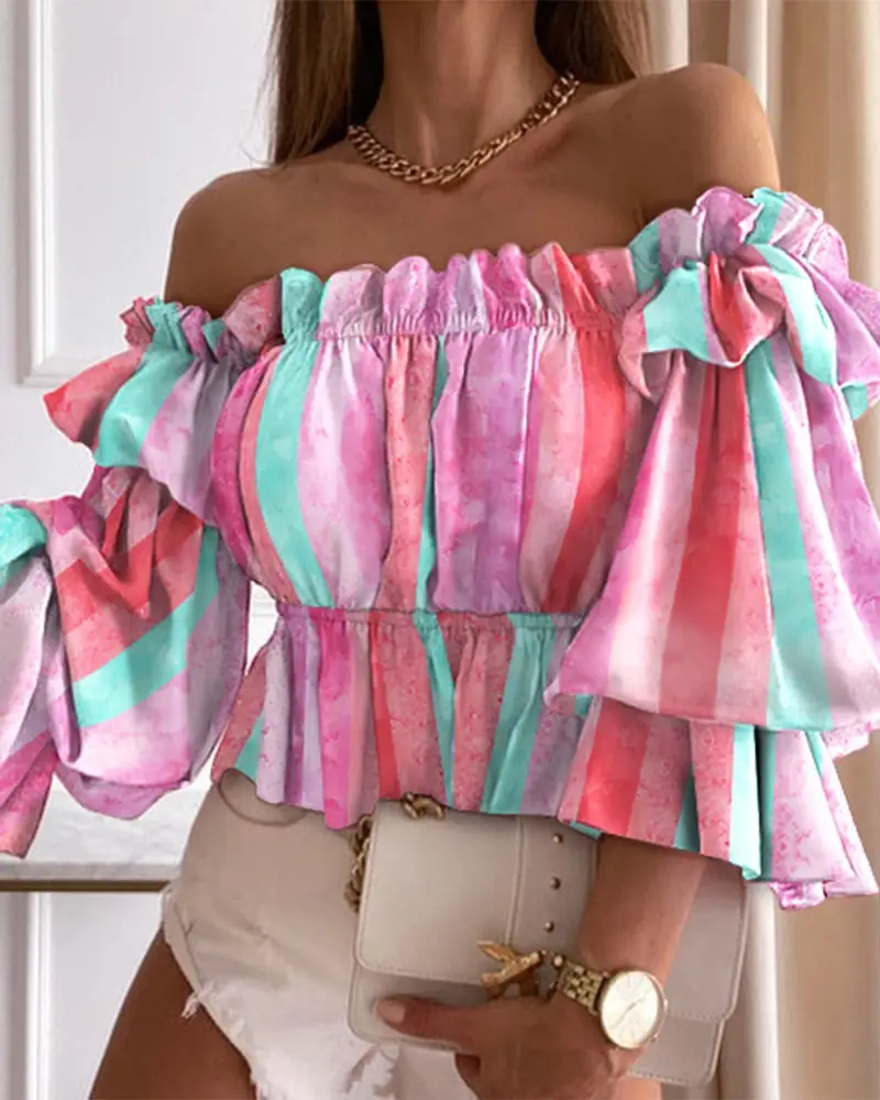 Women One Shoulder Pleated Shirt Rainbow Striped Anti-Wrinkle - Image 9