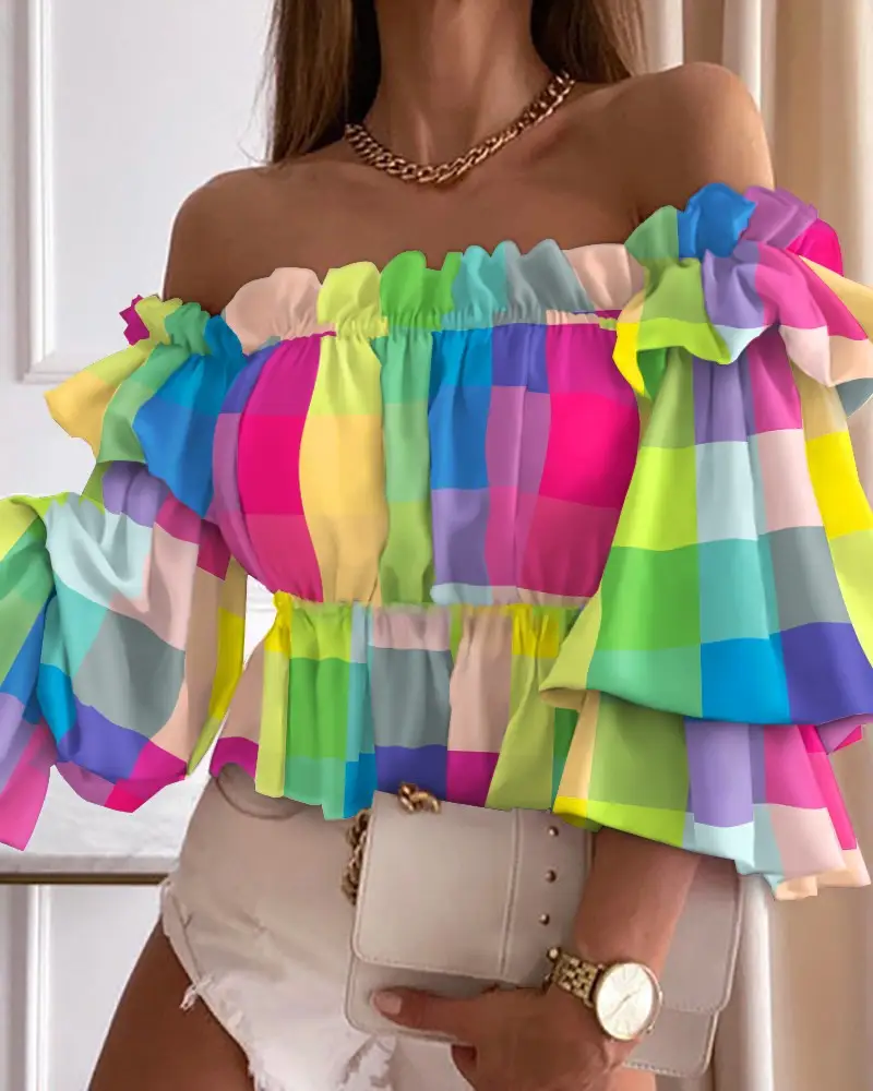 Women One Shoulder Pleated Shirt Rainbow Striped Anti-Wrinkle - Image 14