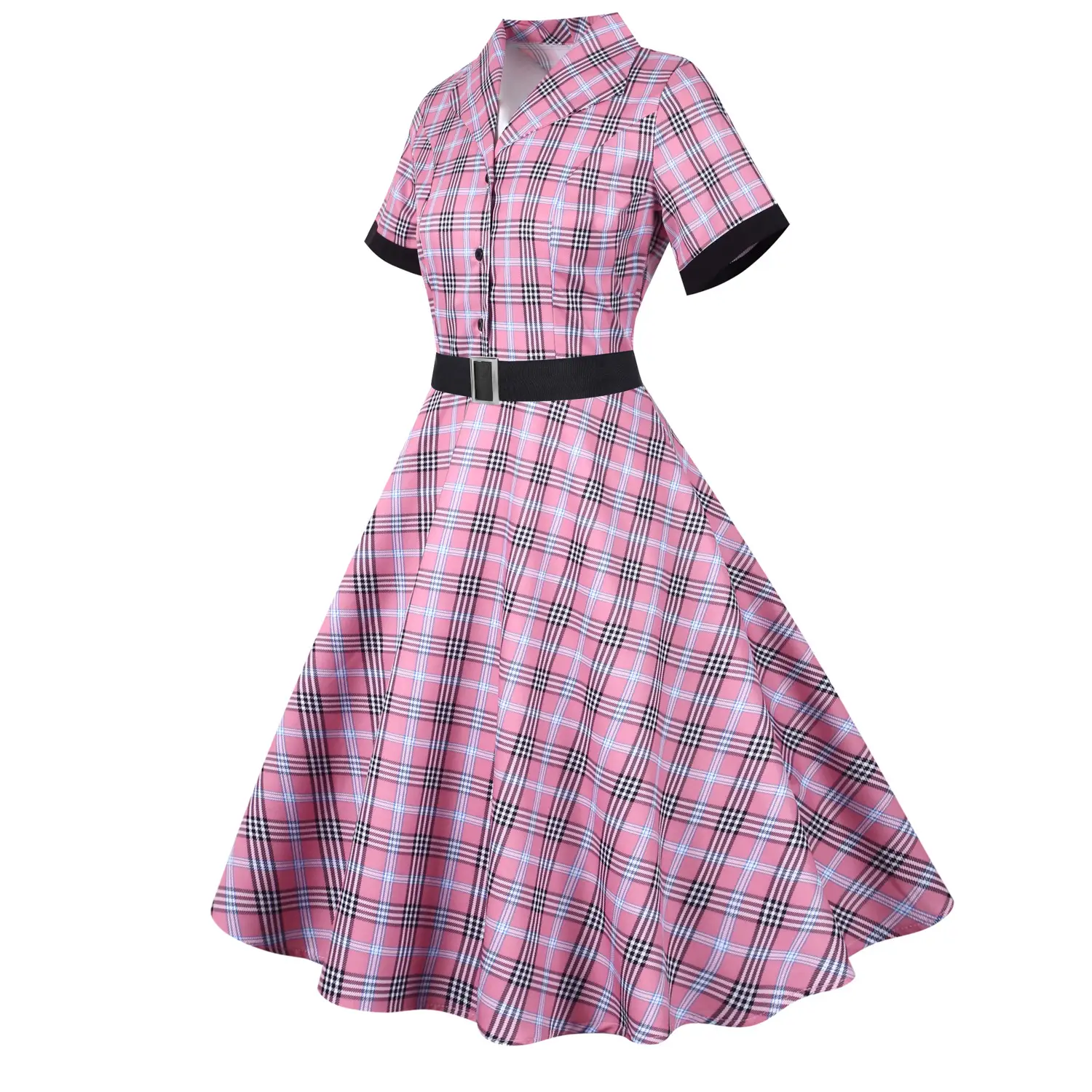 2021 Vintage Plaid Collar Dress with Belt - Image 2