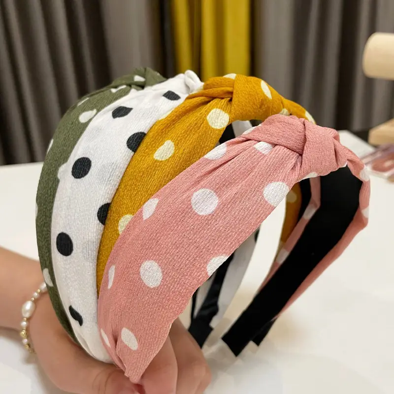 Women's Yellow Polka Dot Headband with Wooden Stand - Image 9