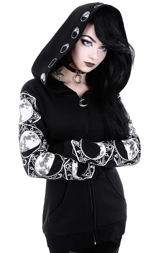 Black Punk Hooded Long Sleeve Sweater with Moon Print - Image 3