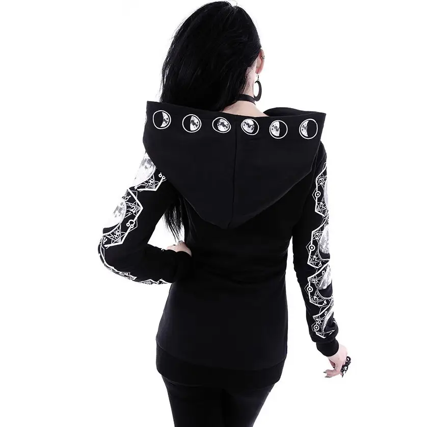 Black Punk Hooded Long Sleeve Sweater with Moon Print - Image 5
