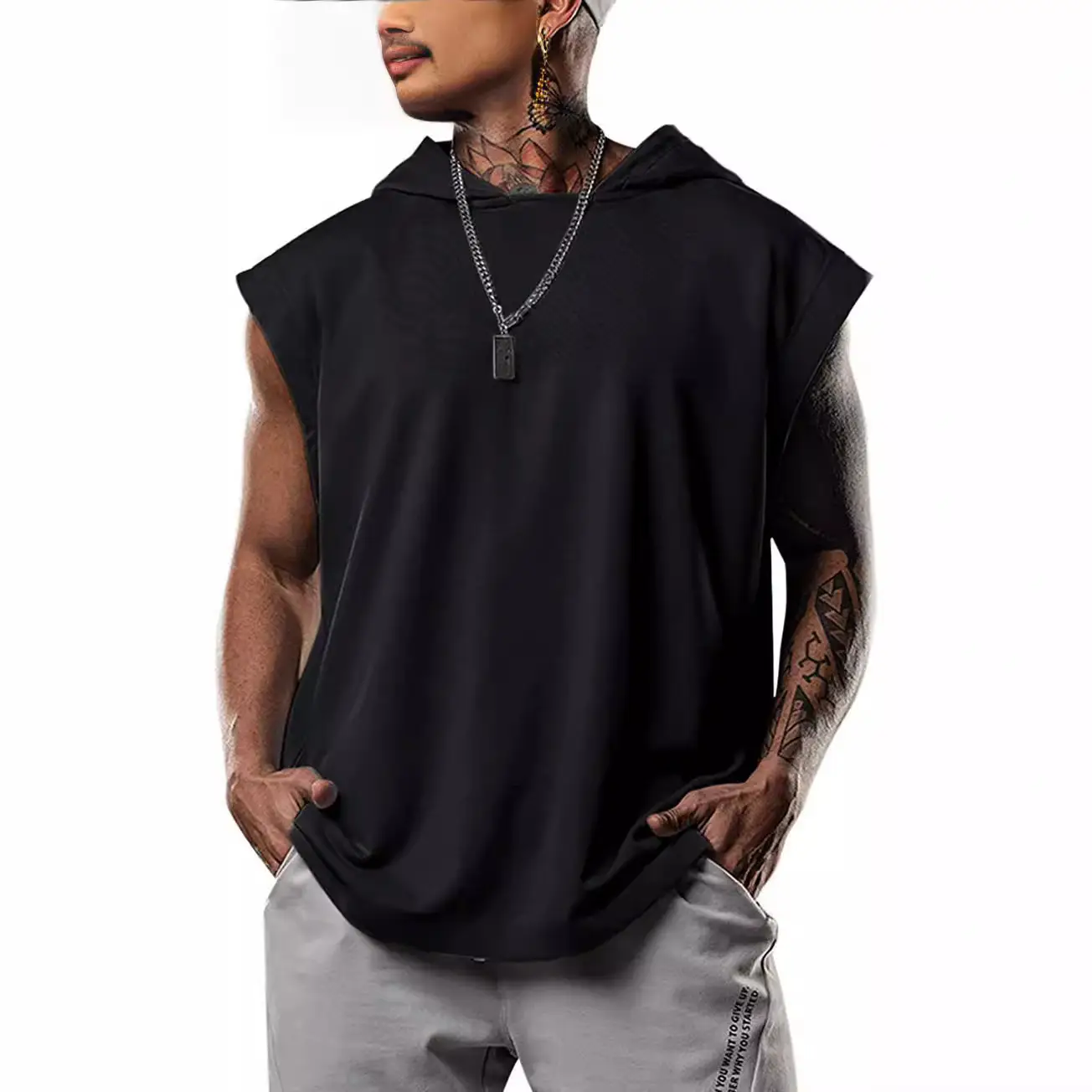 Men's Black Hooded Sleeveless Vest Summer 2021 - Image 7