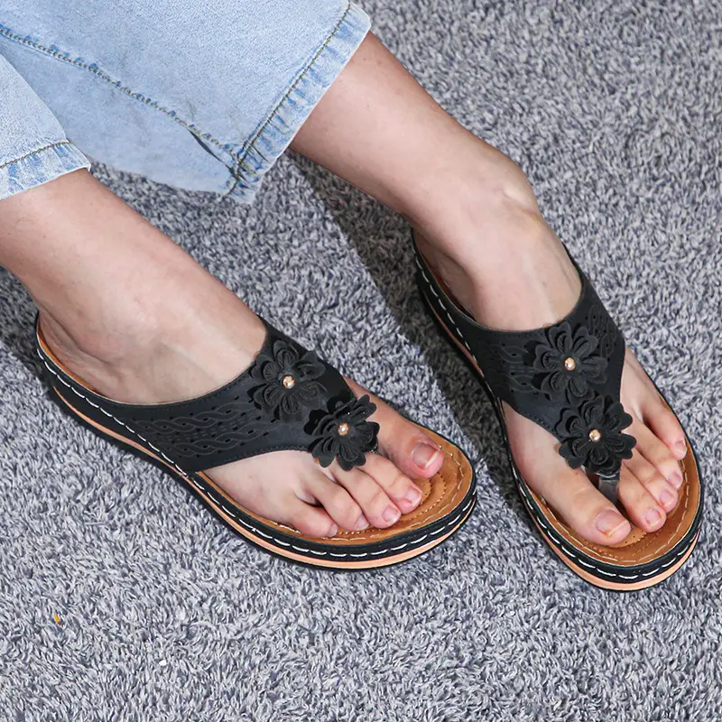 Women's Pink Floral Platform Sandals Casual Flip Flops