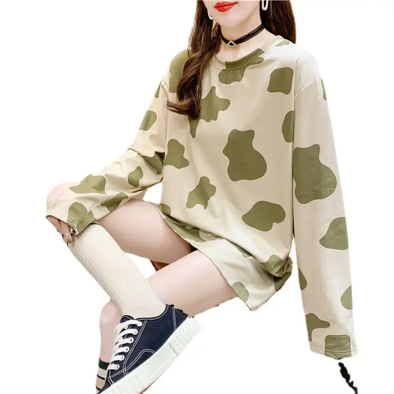 2021 New Cow Print Long Sleeve T-Shirt Women Loose Fit - Image 5