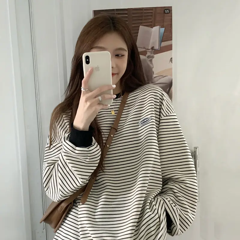 Women Striped Long Sleeve Sweater T-Shirt Autumn Winter Loose Fit - Image 3