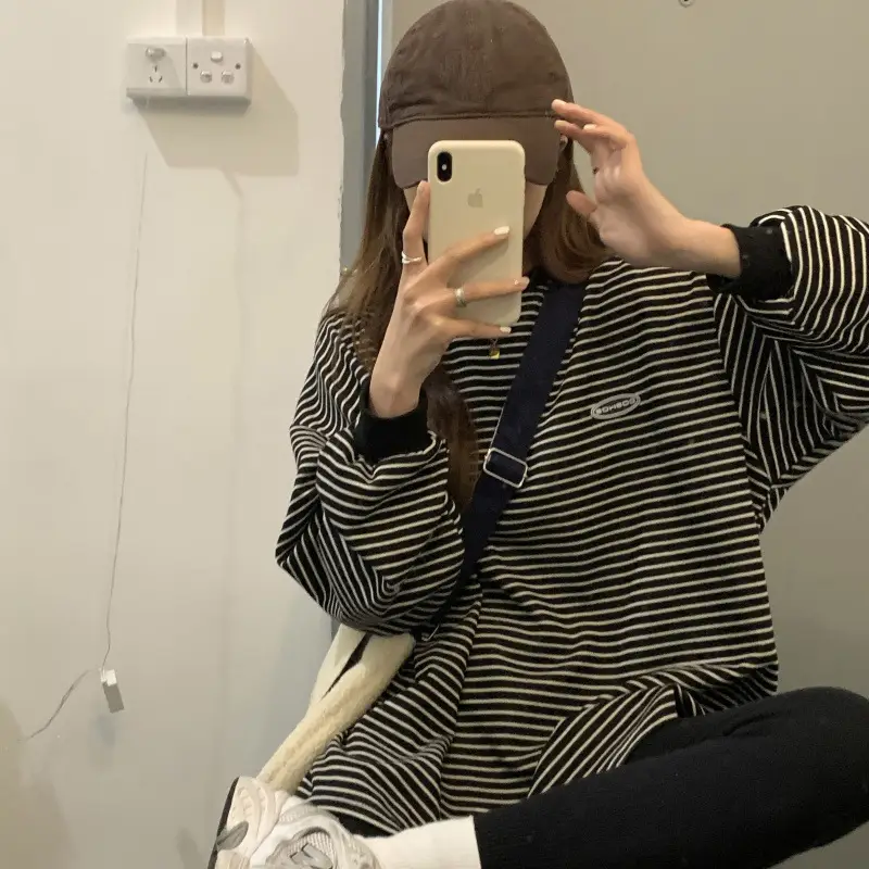 Women Striped Long Sleeve Sweater T-Shirt Autumn Winter Loose Fit - Image 4