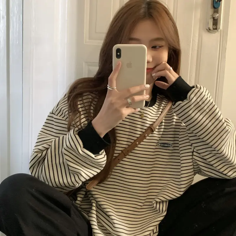 Women Striped Long Sleeve Sweater T-Shirt Autumn Winter Loose Fit - Image 5