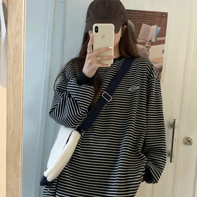 Women Striped Long Sleeve Sweater T-Shirt Autumn Winter Loose Fit - Image 6