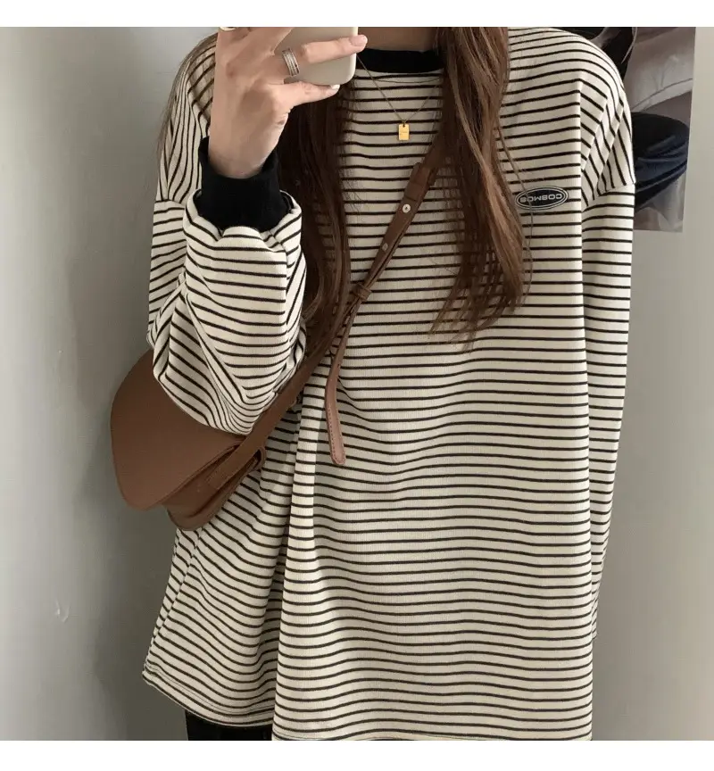 Women Striped Long Sleeve Sweater T-Shirt Autumn Winter Loose Fit — feature 10