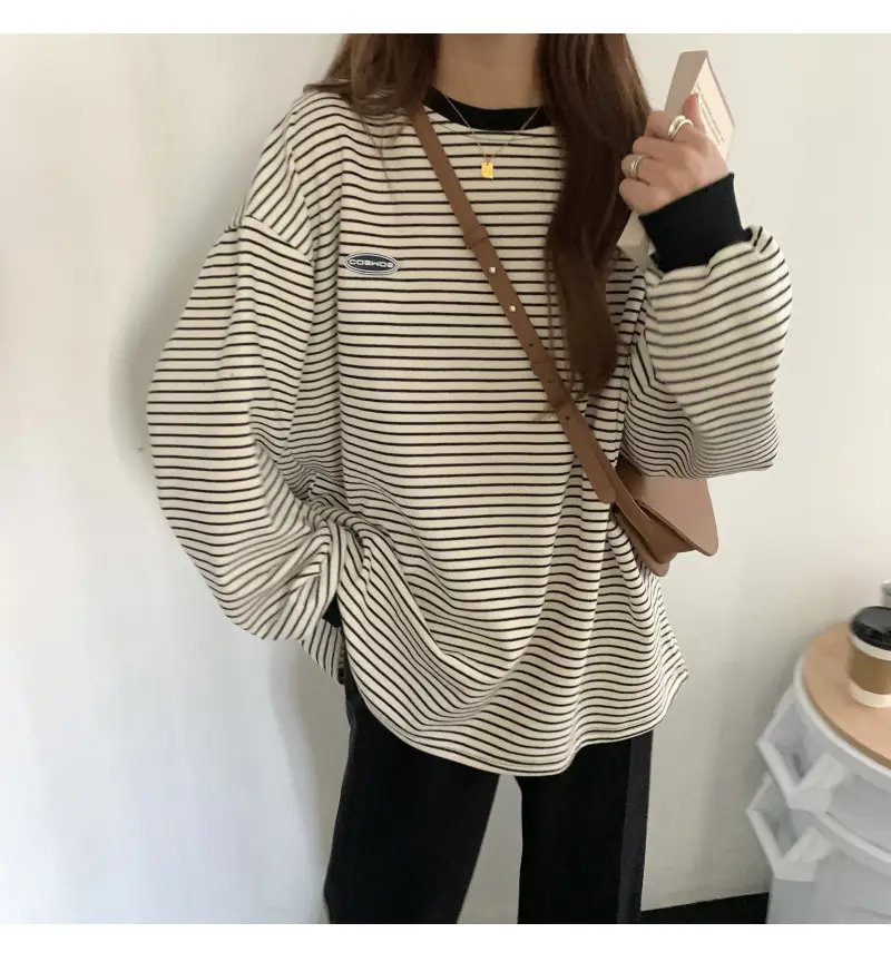 Women Striped Long Sleeve Sweater T-Shirt Autumn Winter Loose Fit — feature 11
