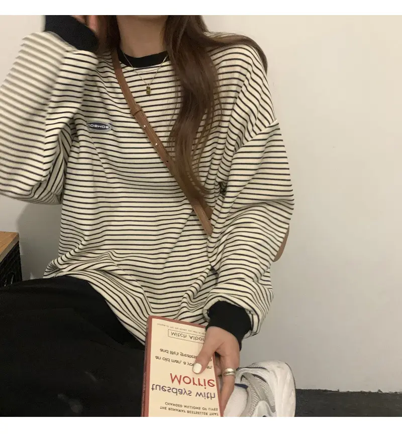 Women Striped Long Sleeve Sweater T-Shirt Autumn Winter Loose Fit — feature 12