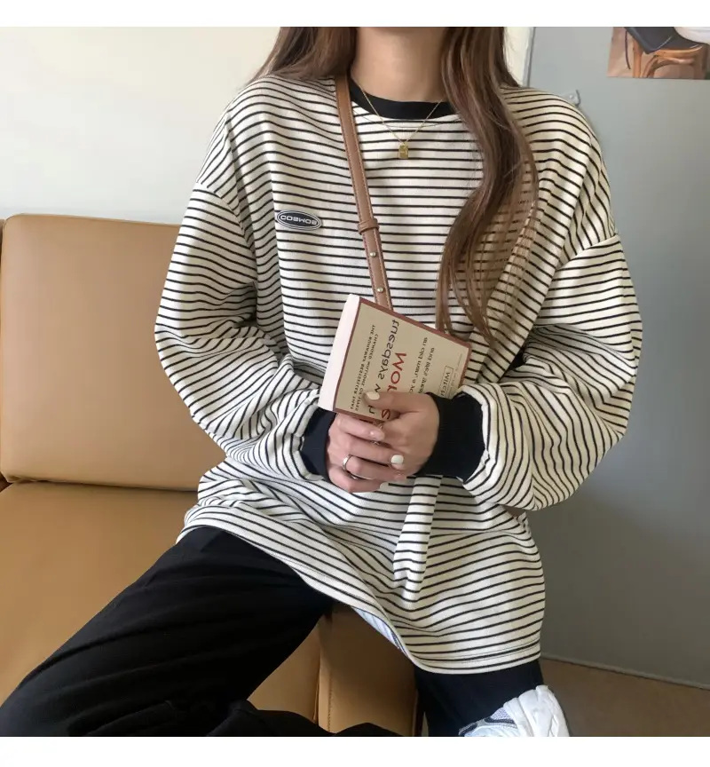 Women Striped Long Sleeve Sweater T-Shirt Autumn Winter Loose Fit — feature 13