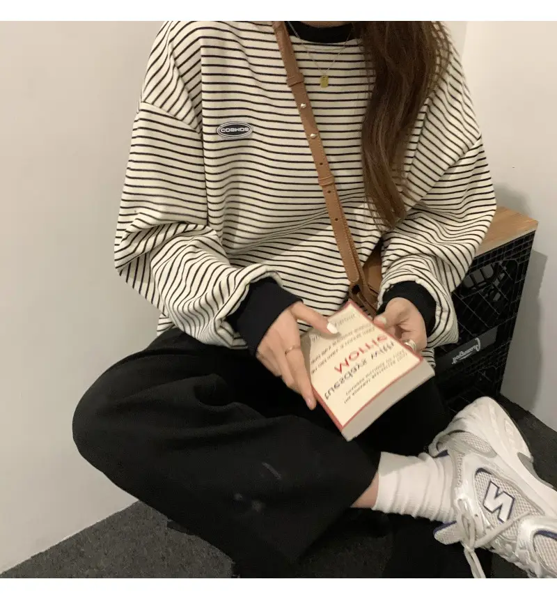 Women Striped Long Sleeve Sweater T-Shirt Autumn Winter Loose Fit — feature 14