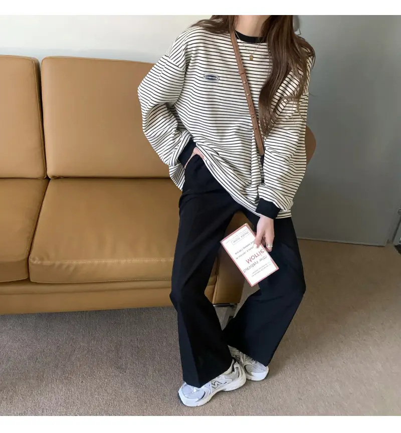 Women Striped Long Sleeve Sweater T-Shirt Autumn Winter Loose Fit — feature 15