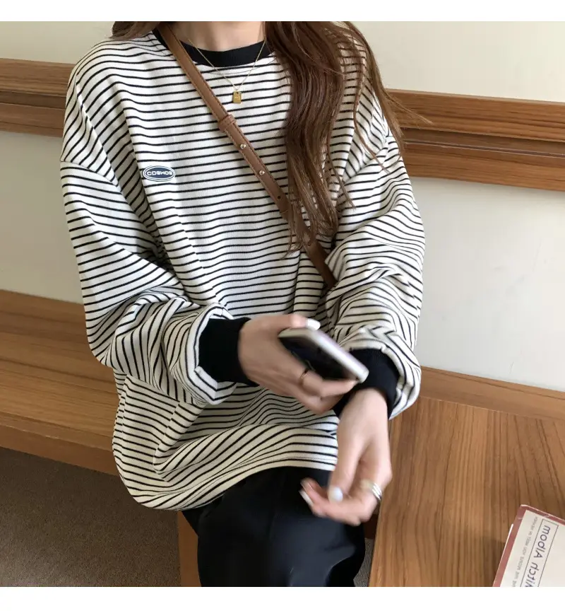 Women Striped Long Sleeve Sweater T-Shirt Autumn Winter Loose Fit — feature 17