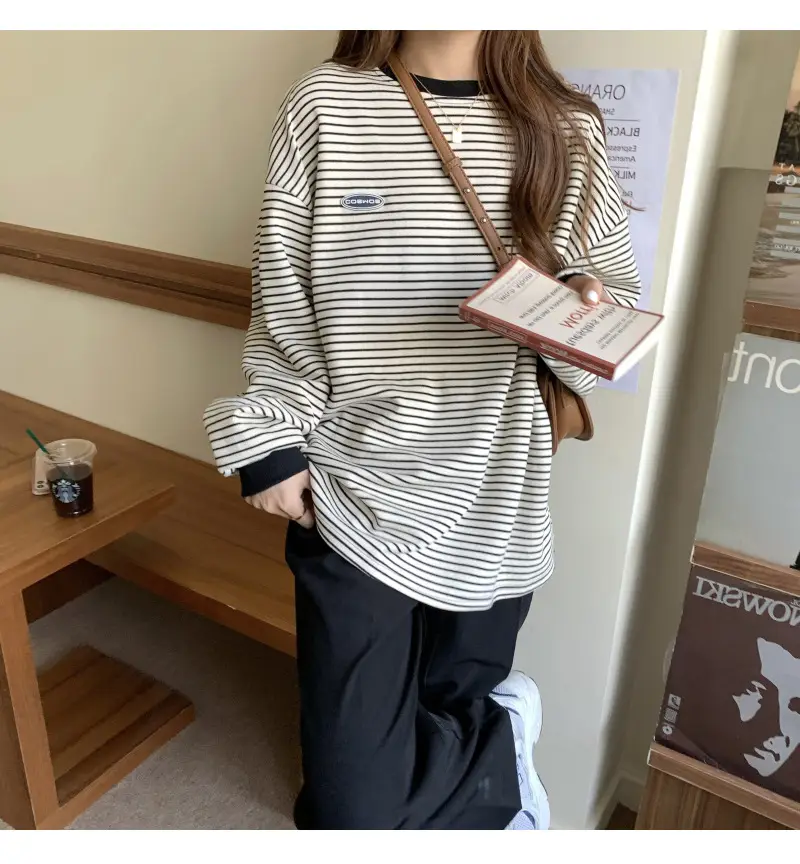 Women Striped Long Sleeve Sweater T-Shirt Autumn Winter Loose Fit — feature 18