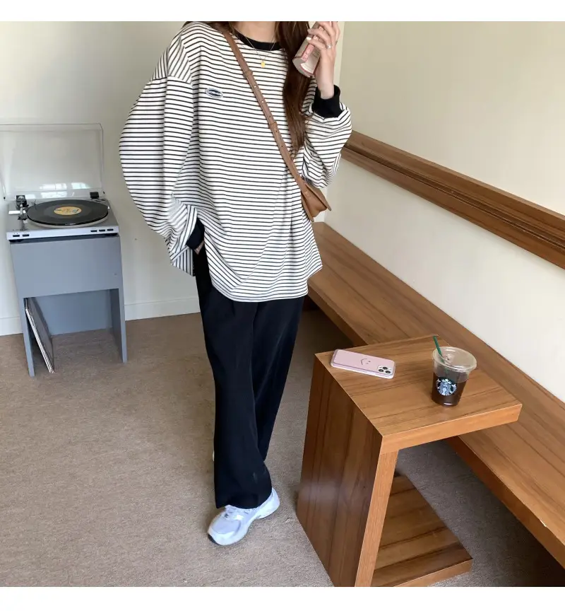 Women Striped Long Sleeve Sweater T-Shirt Autumn Winter Loose Fit — feature 19