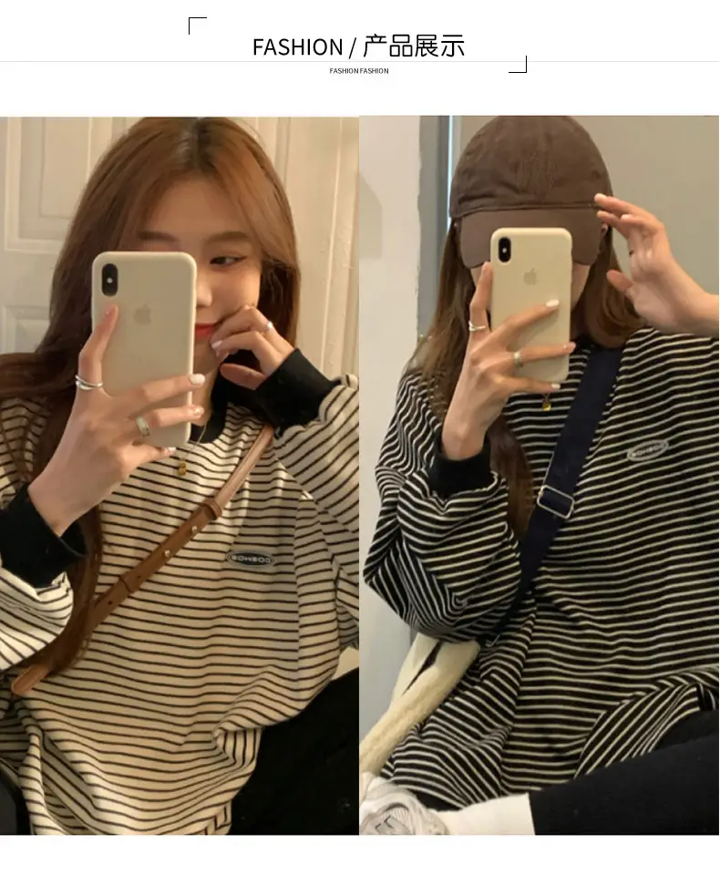 Women Striped Long Sleeve Sweater T-Shirt Autumn Winter Loose Fit — feature 2