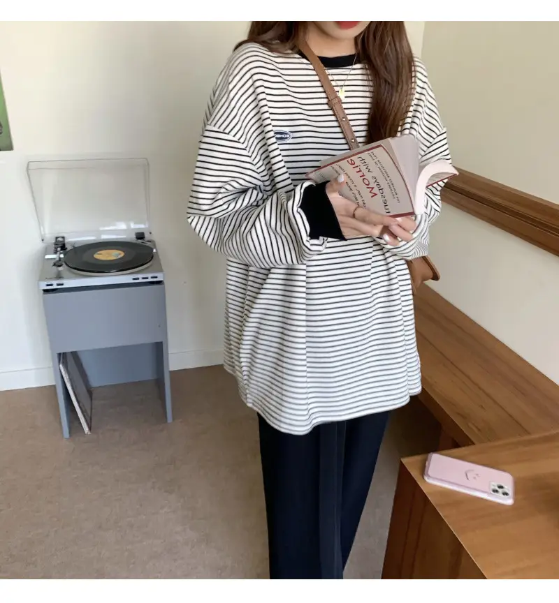 Women Striped Long Sleeve Sweater T-Shirt Autumn Winter Loose Fit — feature 20