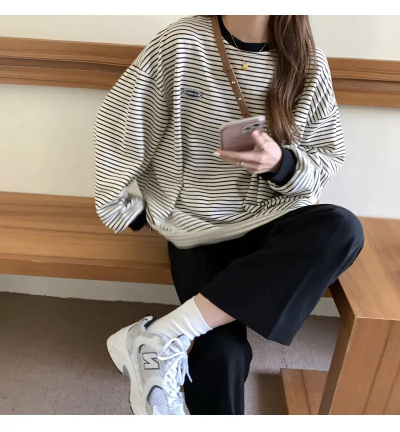Women Striped Long Sleeve Sweater T-Shirt Autumn Winter Loose Fit — feature 21