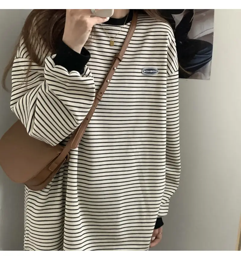 Women Striped Long Sleeve Sweater T-Shirt Autumn Winter Loose Fit — feature 23