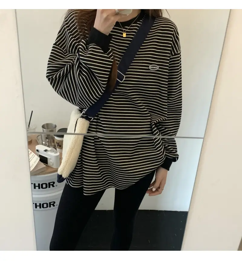 Women Striped Long Sleeve Sweater T-Shirt Autumn Winter Loose Fit — feature 29