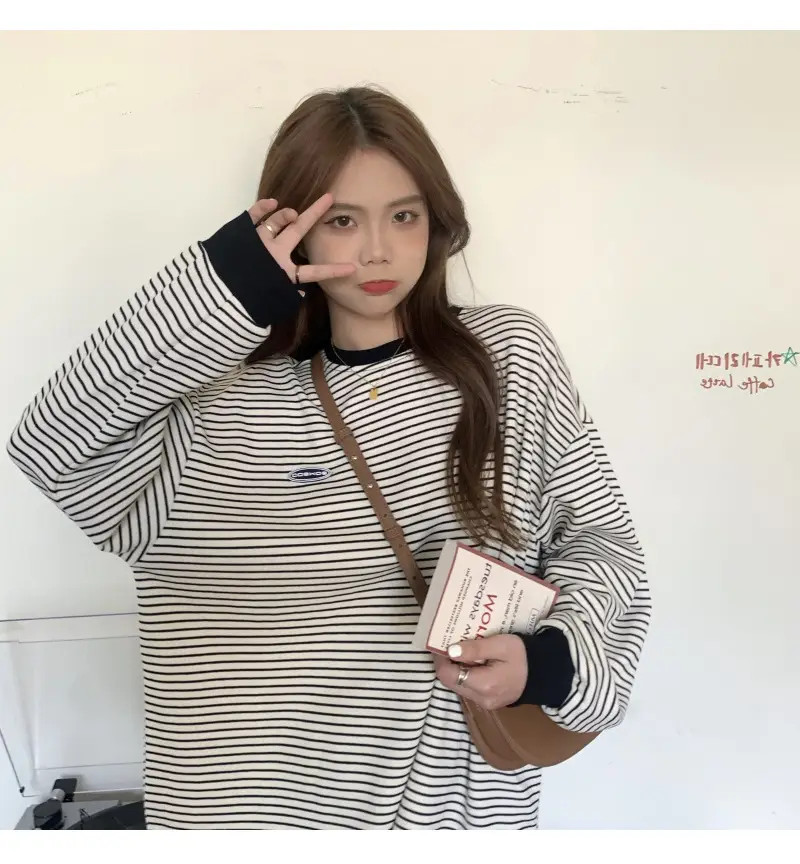 Women Striped Long Sleeve Sweater T-Shirt Autumn Winter Loose Fit — feature 3